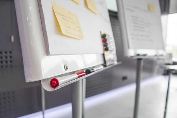 Scrum werkmethode op een flipover bord in een kantoor met whitebord markers
